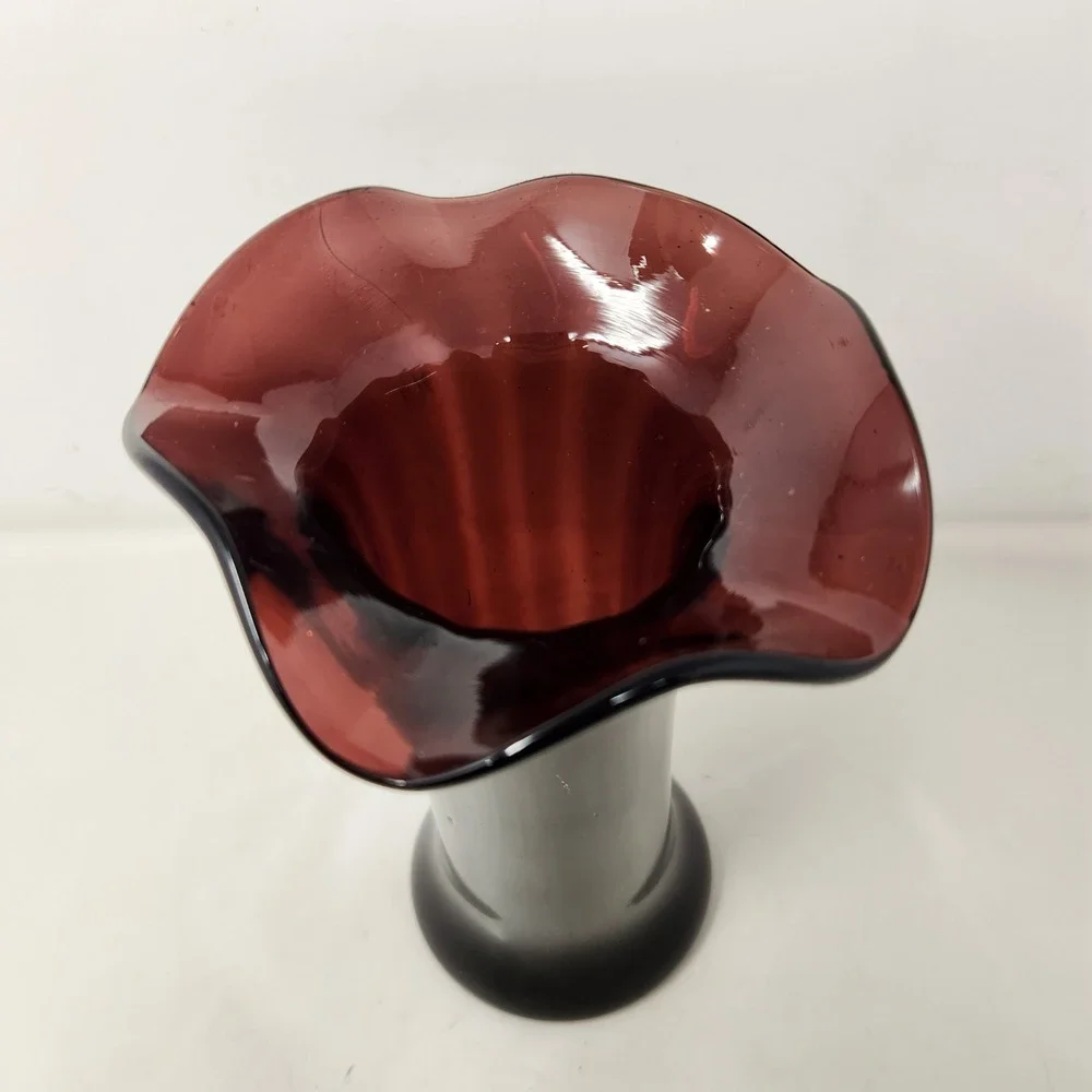 Vintage Amethyst Purple Art Glass Ruffled Trumpet Vase Hand Blown 10 Inch